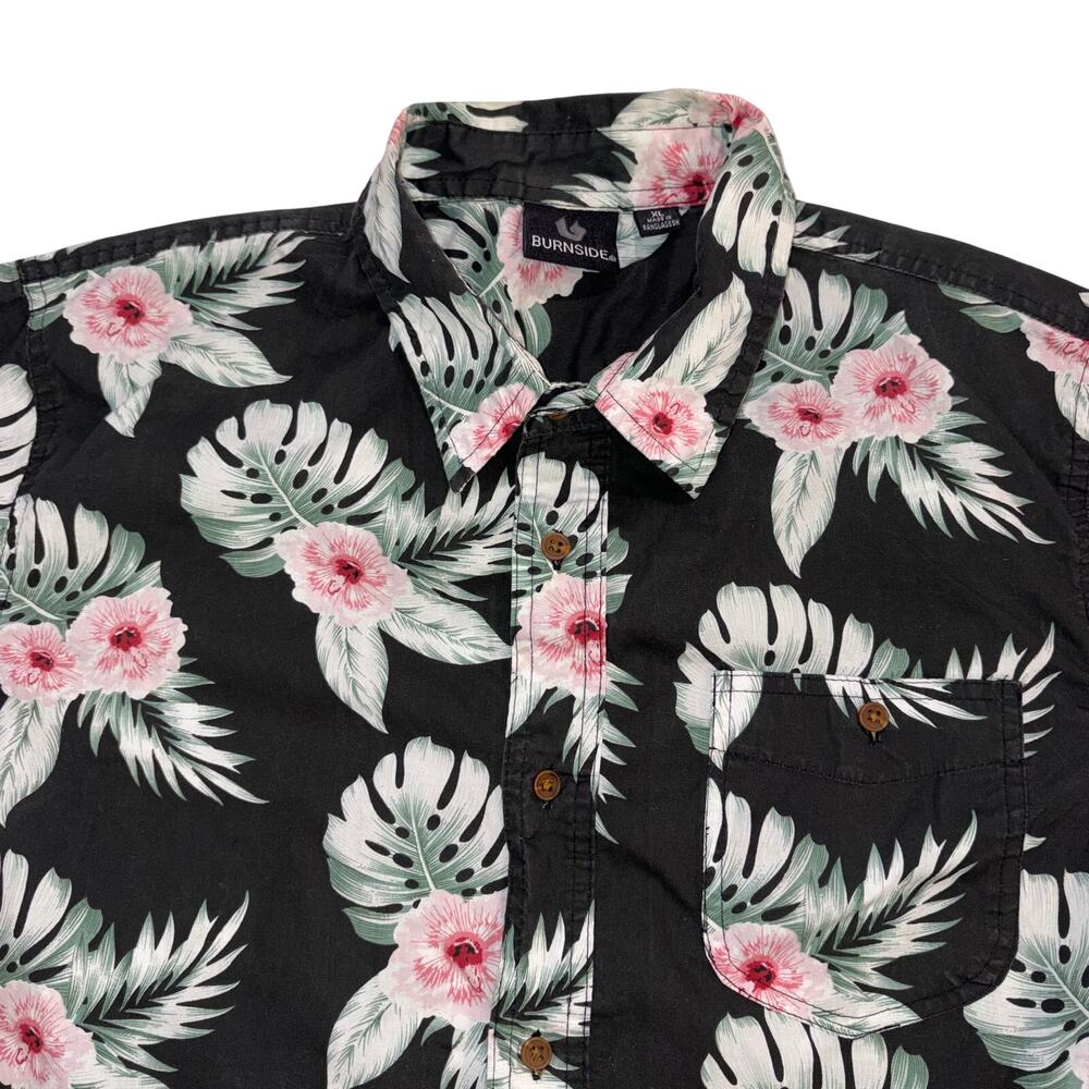 Burnside‎ Men's XL Tropical Black Vacation hawaiian Shirt Monstera Summer